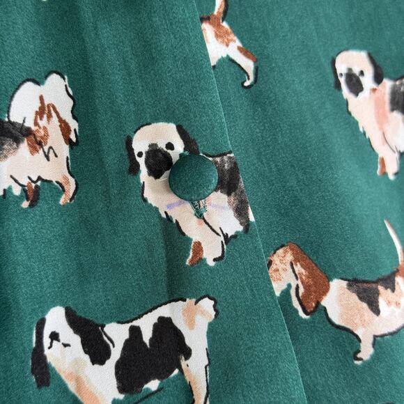 Zara Top Womens XL Dog Print Bow Button Blouse Novelty New Green Blogger Fave - Picture 9 of 13